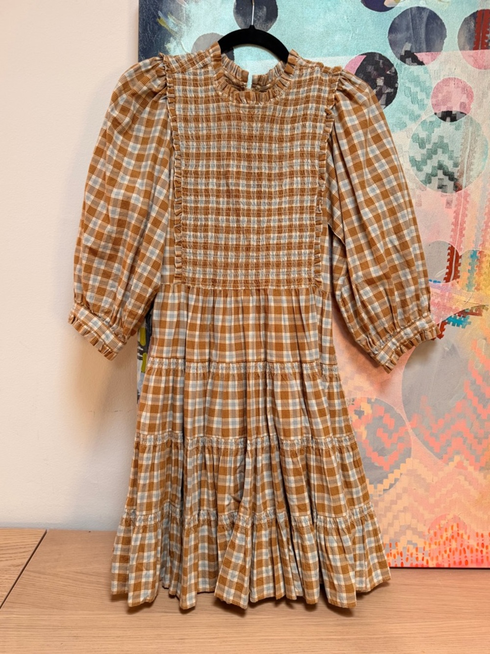 Doen Medina Dress - Gingham tan light blue tiered smocked ruffled size small - Picture 2 of 12